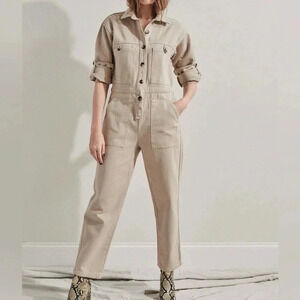 Rita Row Halla Jumpsuit Beige Denim Button Up One Piece Cuffed Sleeve Raw Edge S